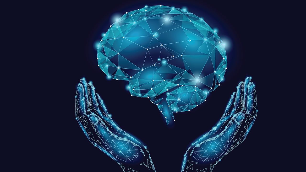 Digital rendering of a human brain with hands beneath