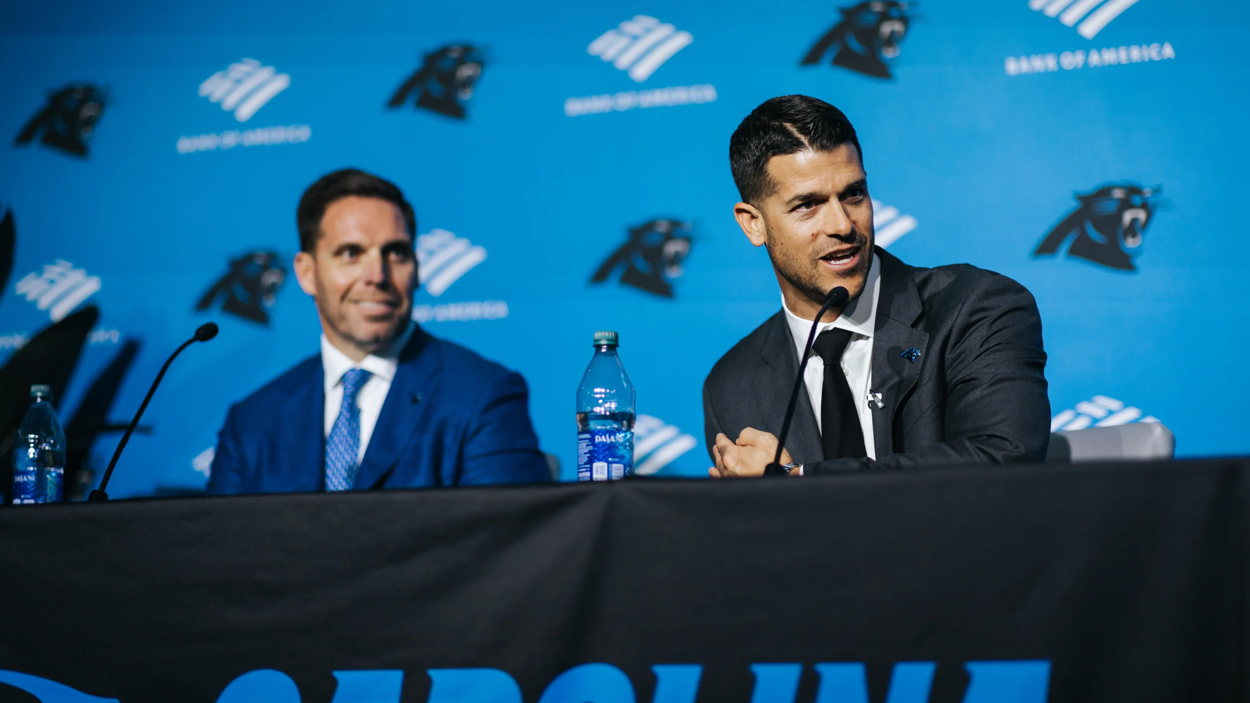 New Carolina Panthers coach Dave Canales talks to reporters during an introductory press conference Thursday at Bank of America Stadium. 