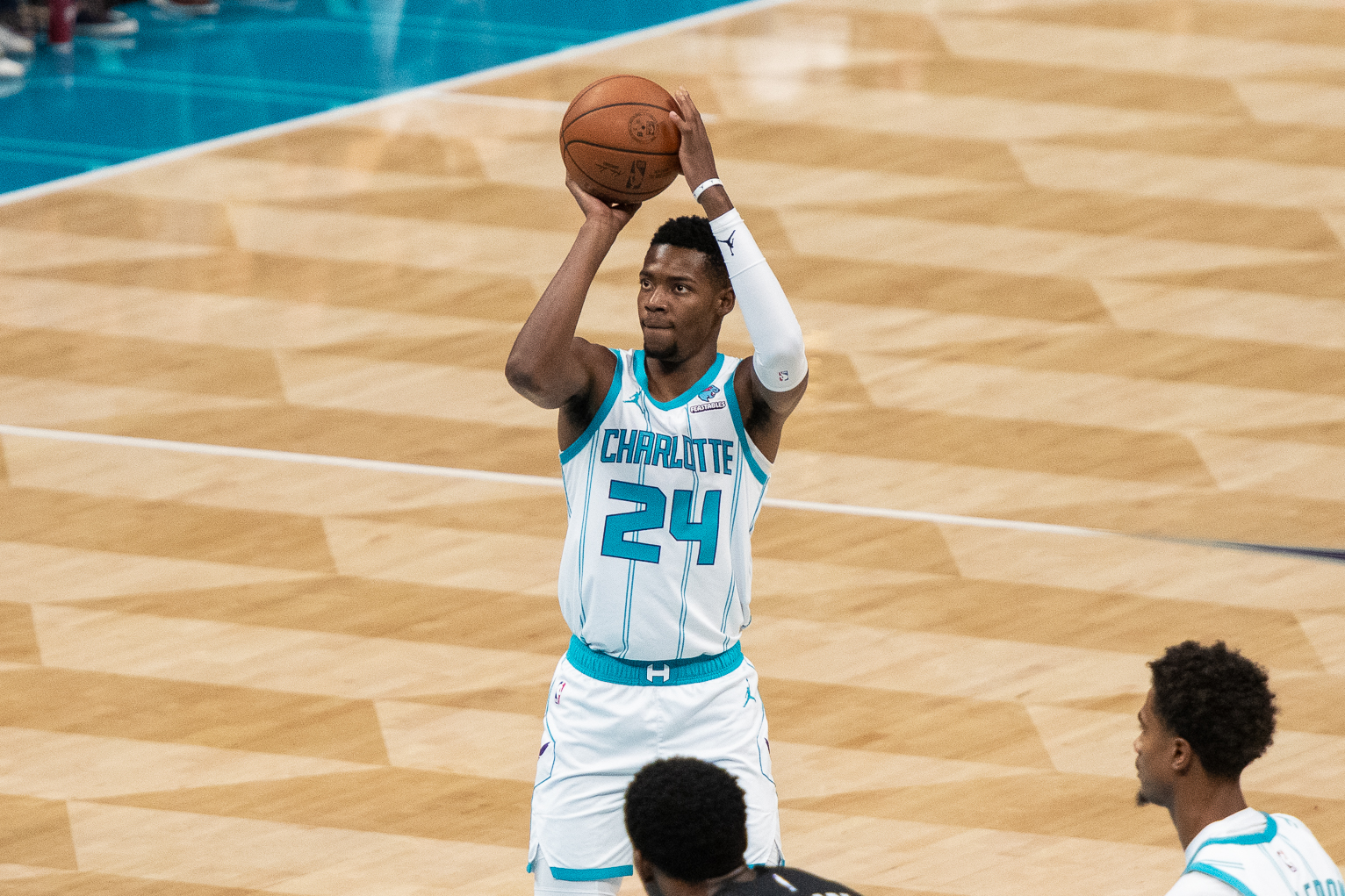 Charlotte Hornets wing Brandon Miller shoots a free throw against the Brooklyn Nets at Spectrum Center