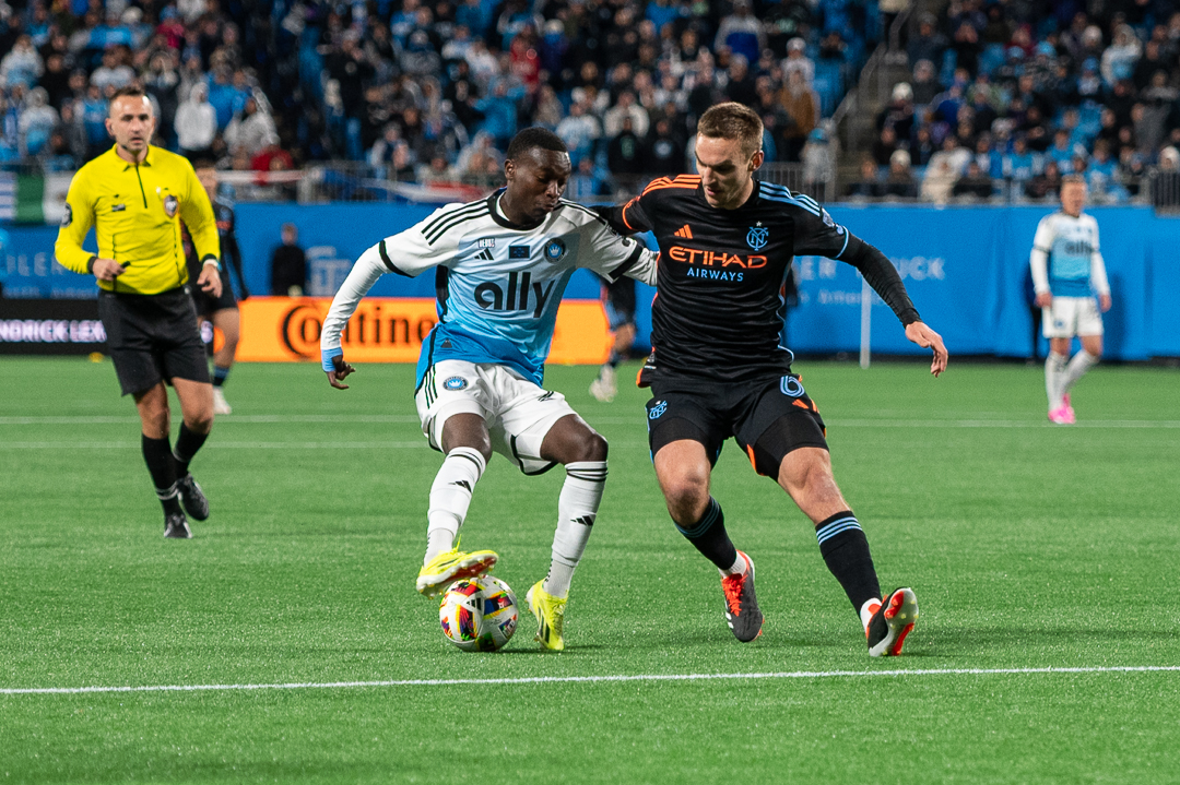 NYCFC and Charlotte FC players contest for possession of the ball at Bank of America Stadium