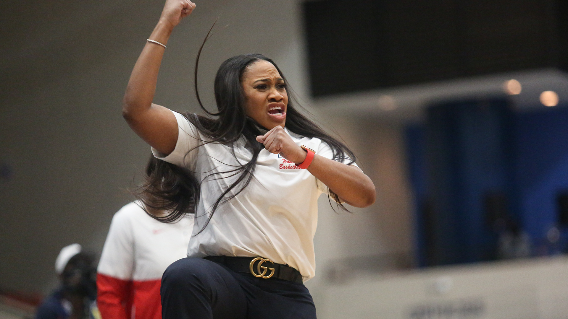 Tomekia Reed reacts during a Jackson State women's basketball game