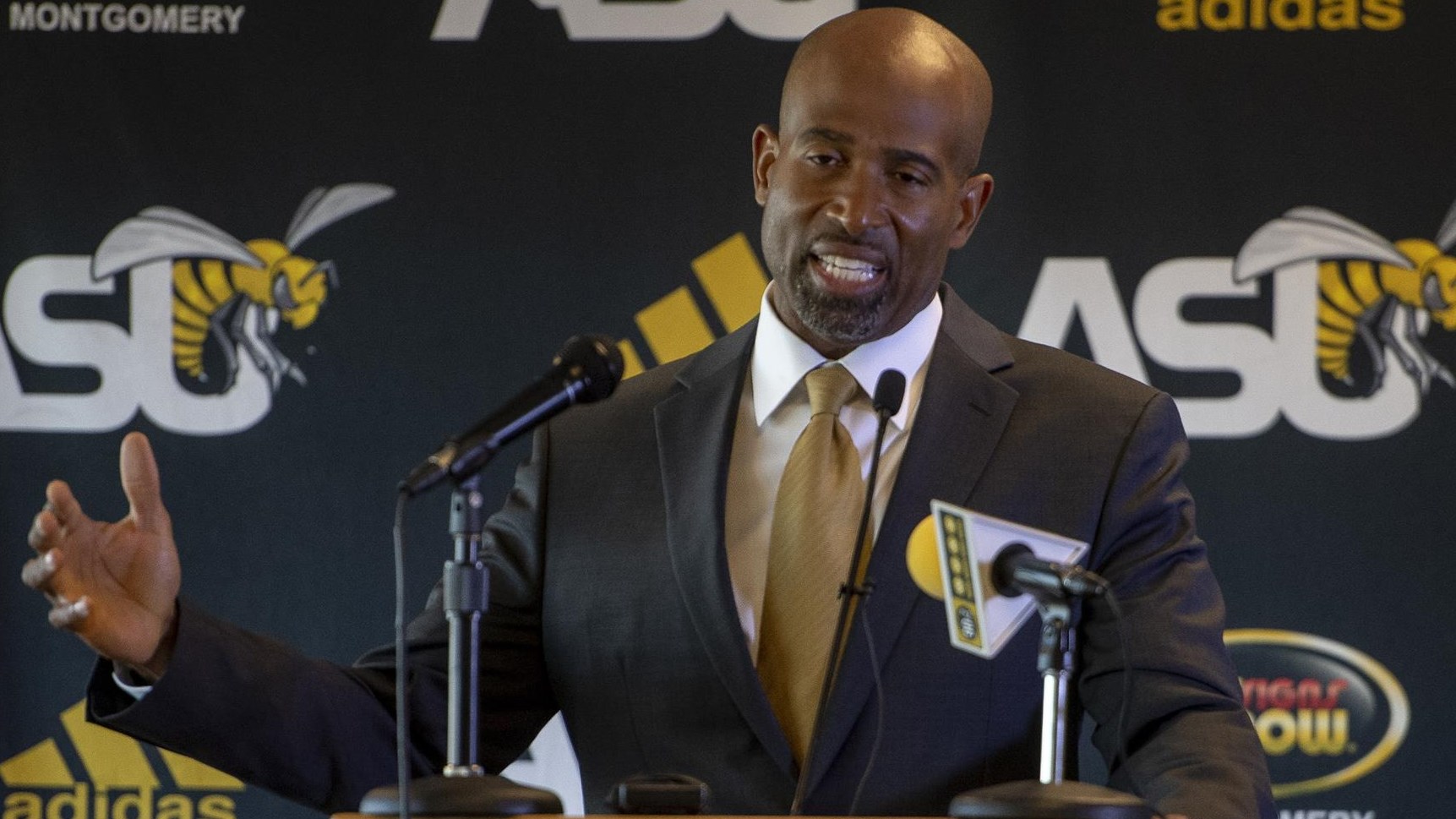 Alabama State football coach Eddie Robinson Jr. speaks at a press conference