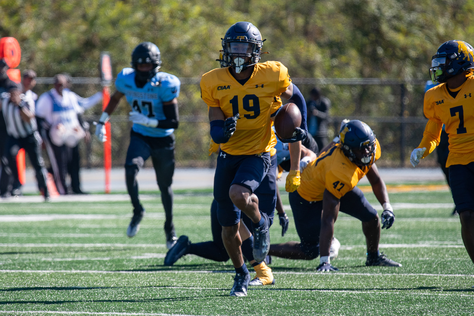 Johnson C. Smith free safety Daryl Taybron returns a fumble for a touchdown against Livingstone
