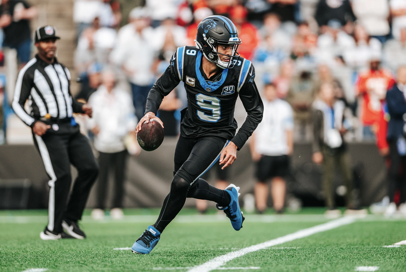 Carolina Panthers quarterback Bryce Young looks for a receiver