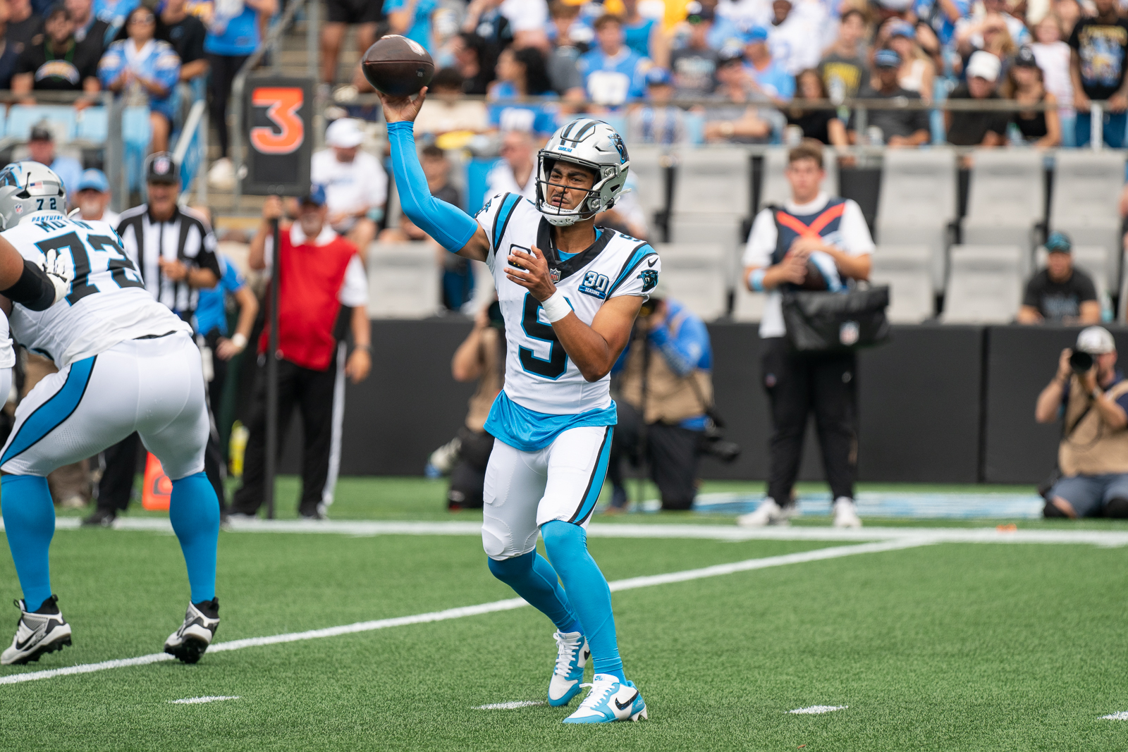 Carolina Panthers quarterback Bryce Young throws a pass